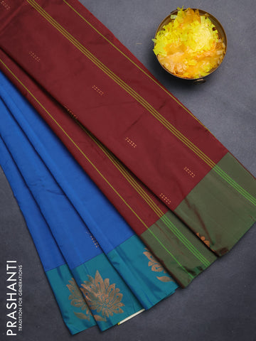 Arani semi silk saree blue and dual shade of green with copper zari woven buttas and copper zari woven butta border