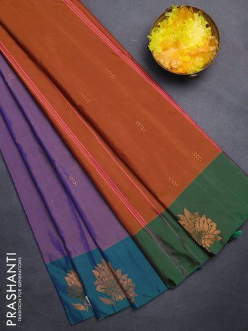 Arani semi silk saree violet and dual shade of green with copper zari woven buttas and zari woven butta border