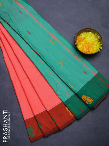 Arani semi silk saree peach shade and green with thread woven buttas and thread woven butta border