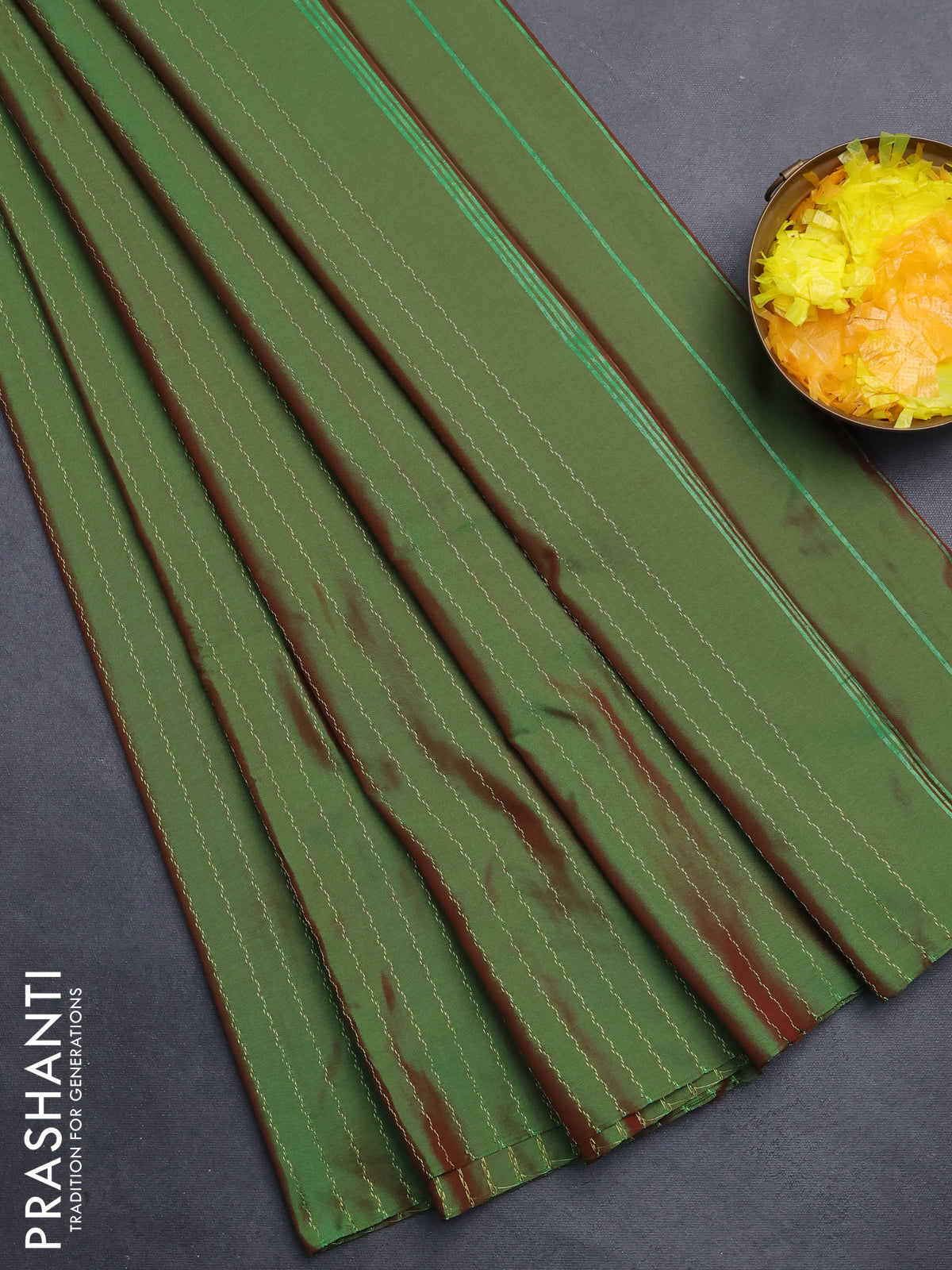 Arani semi silk saree manthulir green with allover silver zari weaves in borderless style