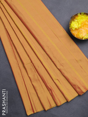 Arani semi silk saree dual shade of mustard with allover copper zari weaves in borderless style