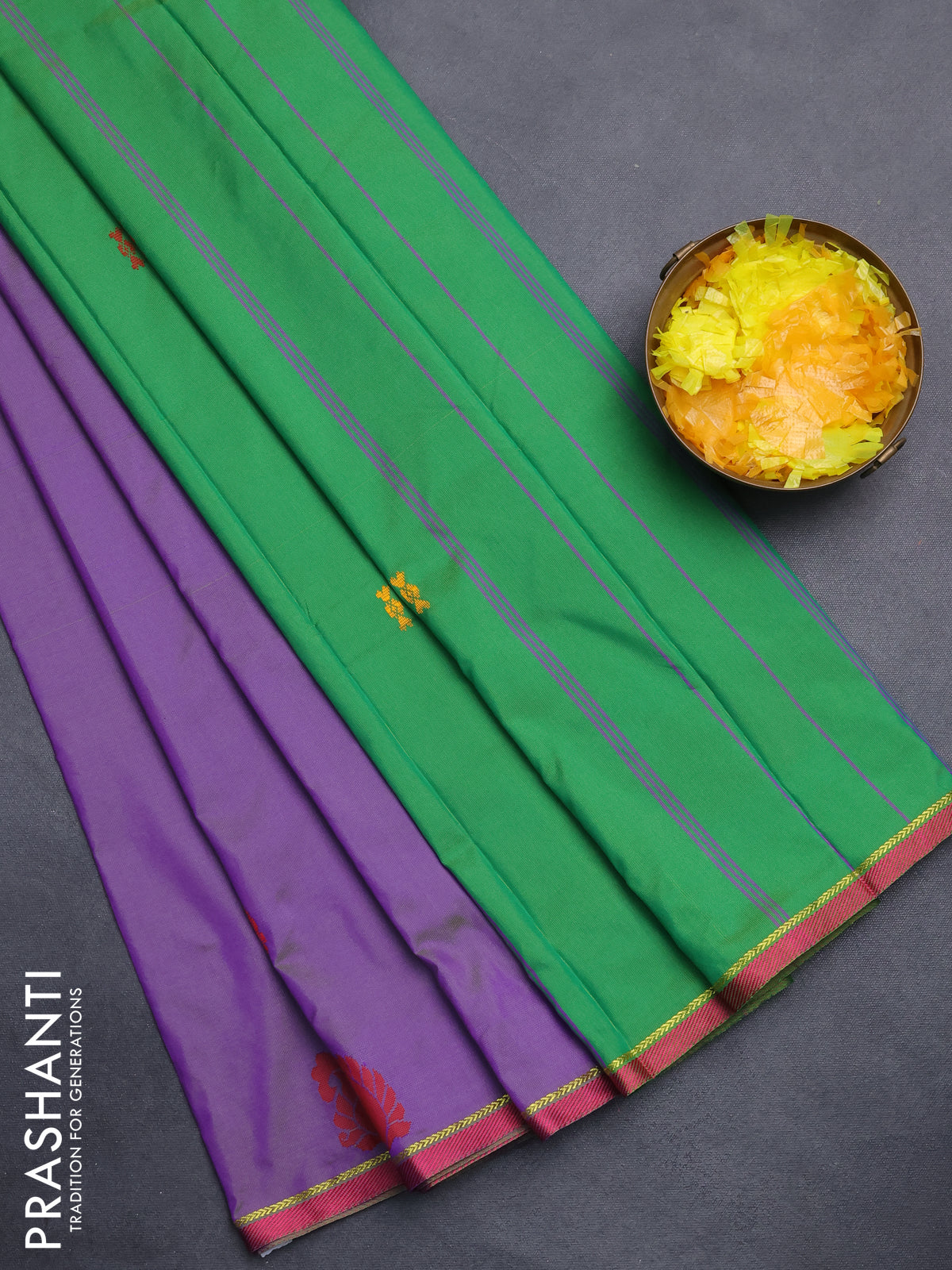 Arani semi silk saree dual shade of greenish violet and green with thread woven buttas and thread woven butta border
