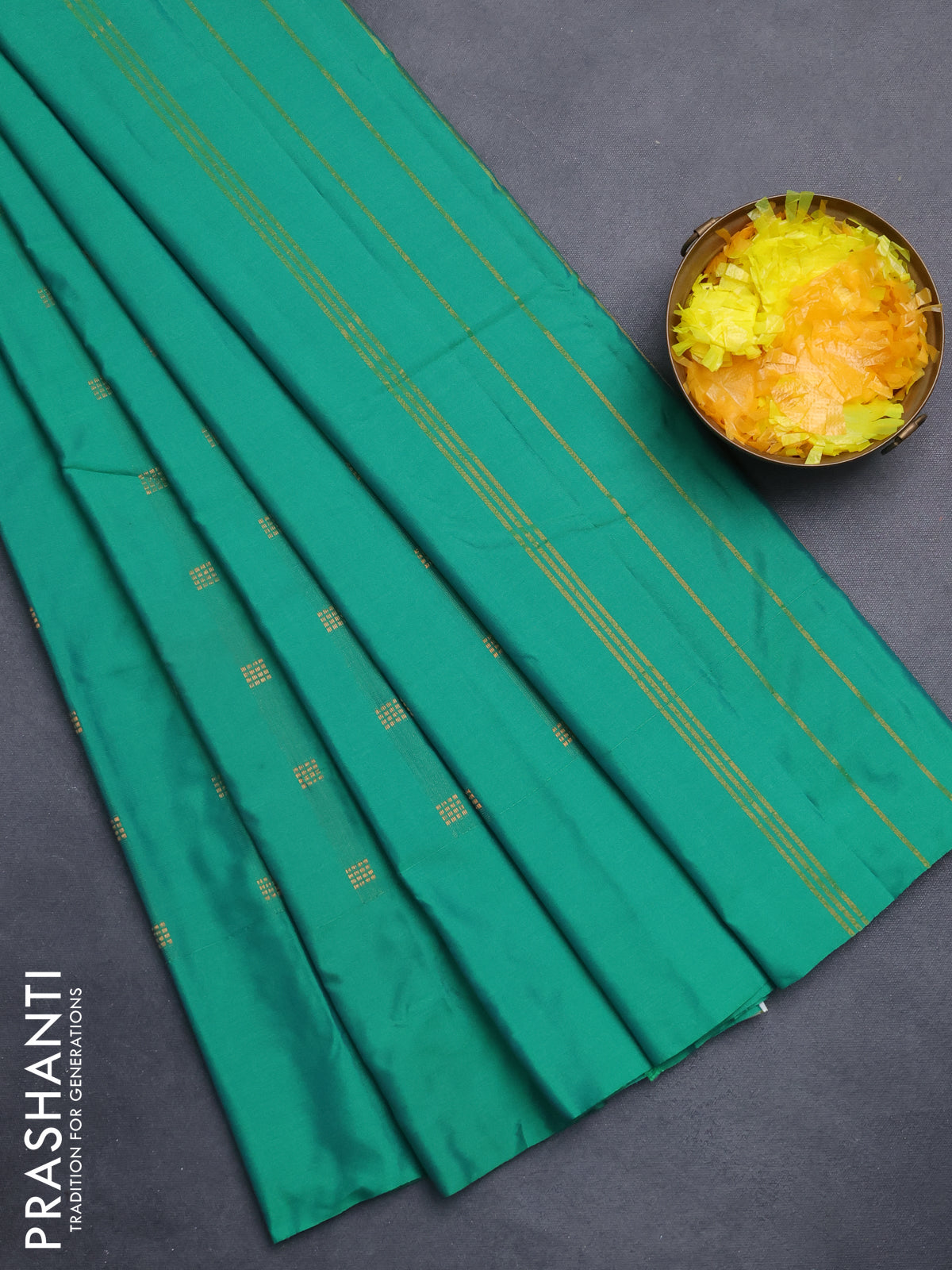 Arani semi silk saree green with copper zari woven buttas in borderless style