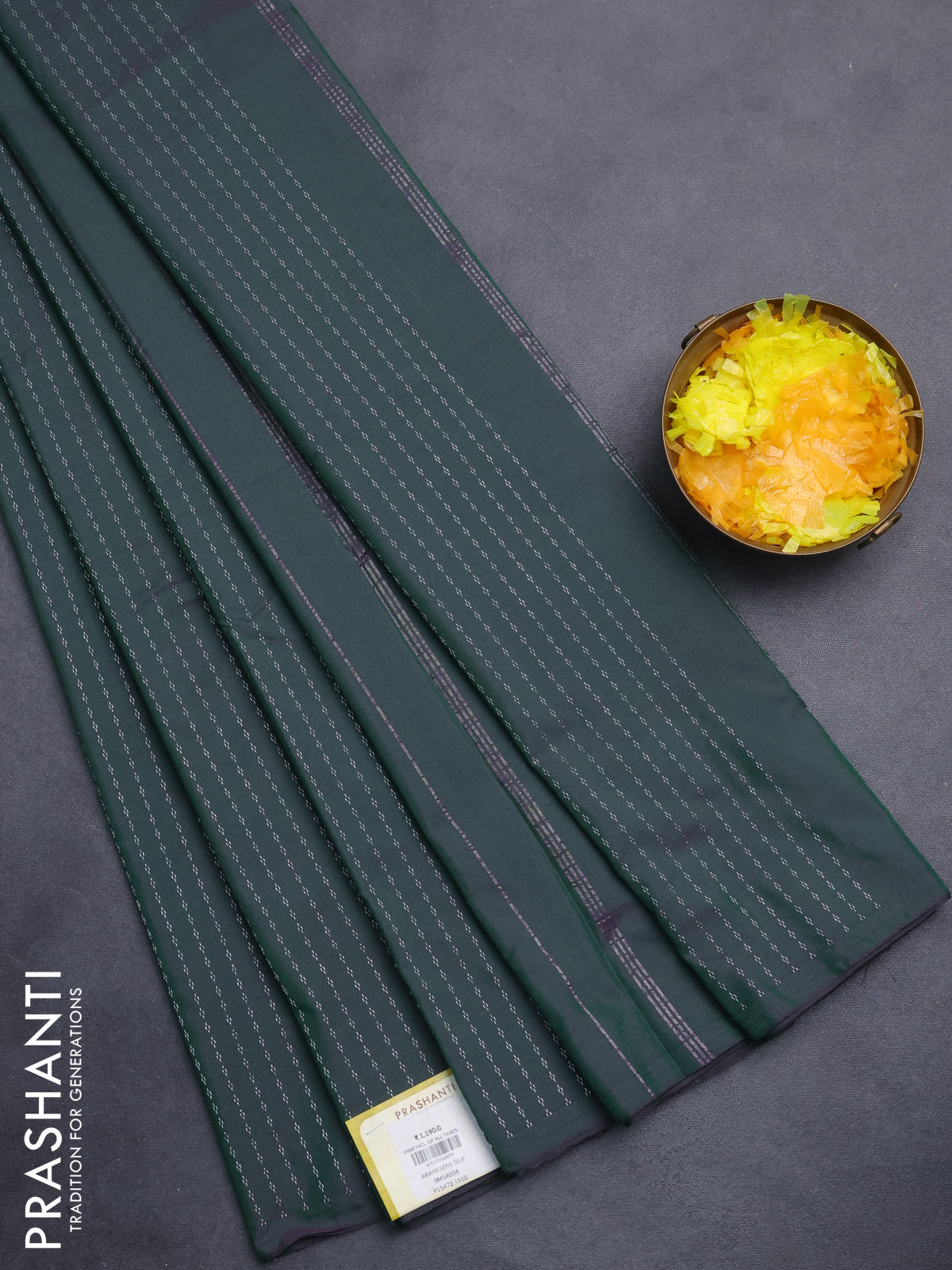 Arani semi silk saree dual shade of green with allover silver zari weaves in borderless style