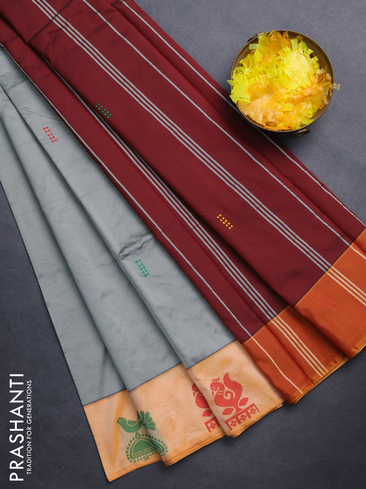 Arani semi silk saree grey and mustard yellow with thread woven buttas and thread woven butta border