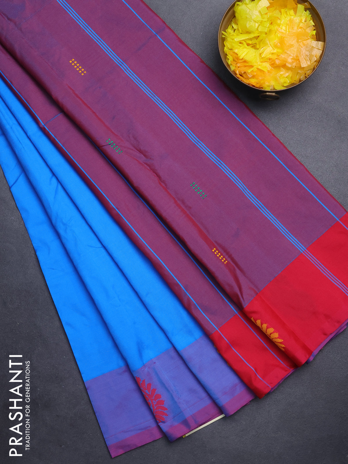 Arani semi silk saree cs blue and pink with thread woven buttas and thread woven butta border