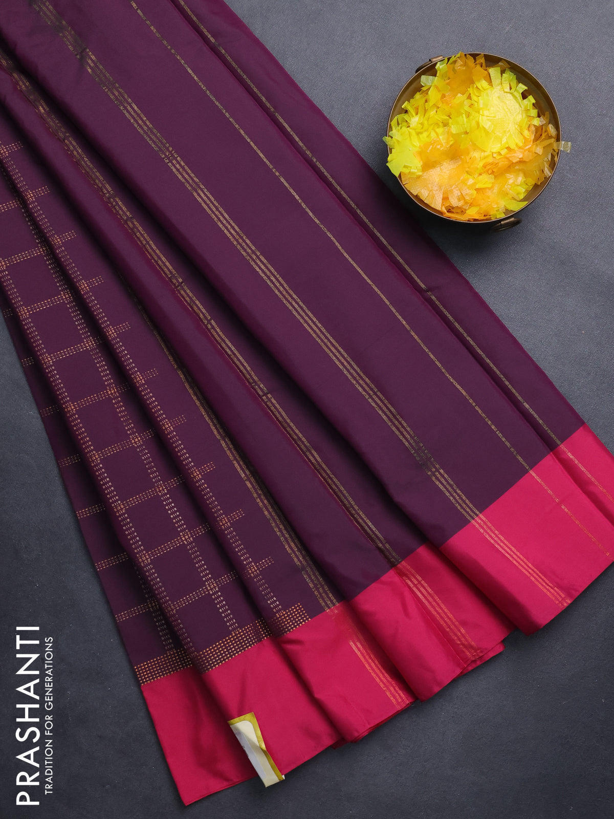 Arani semi silk saree wine shade and pink with allover copper zari checked pattern and copper zari woven simple border