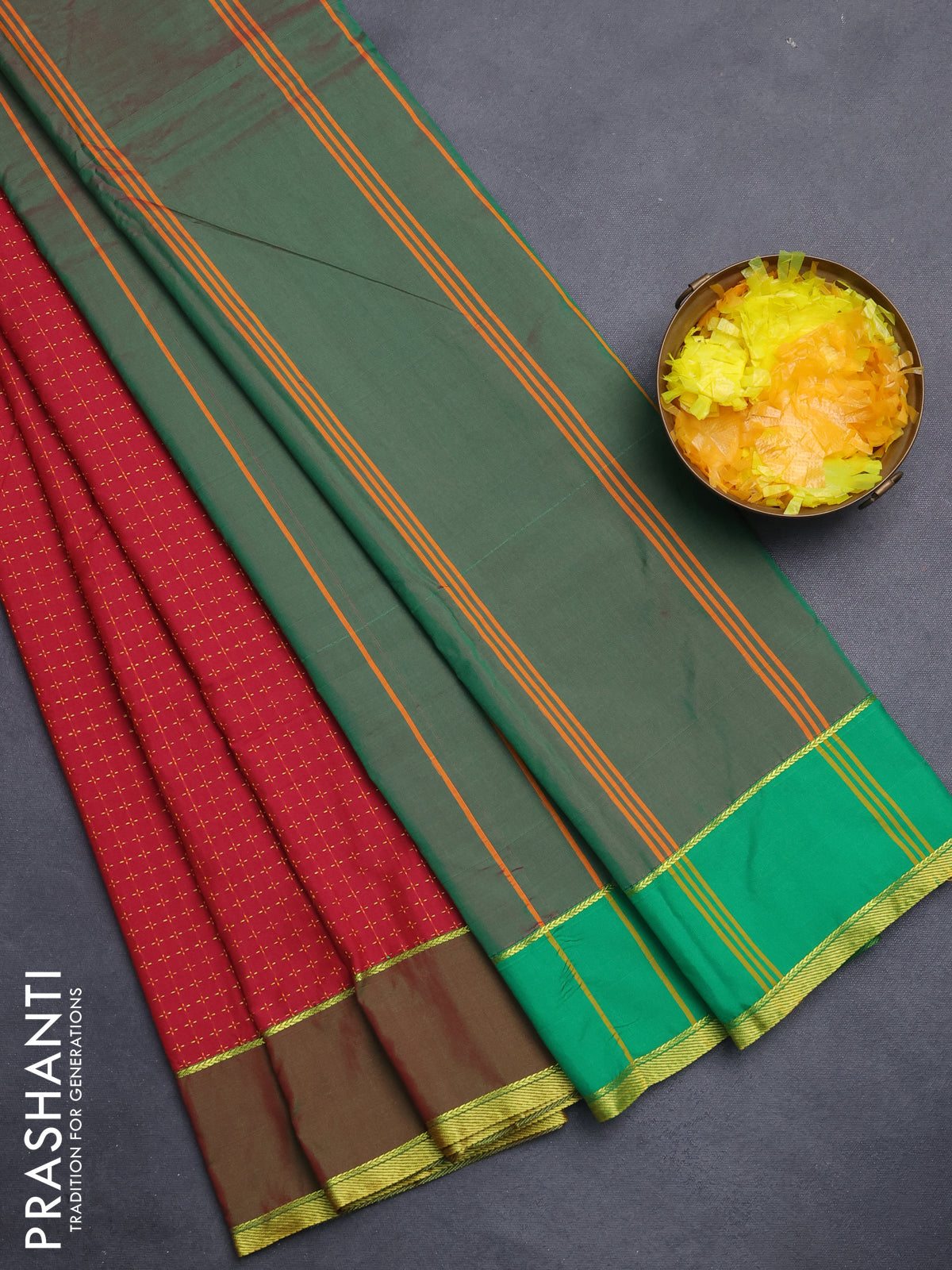 Arani semi silk saree maroon and dual shade of green with allover thread weaves and rettapet zari woven border`