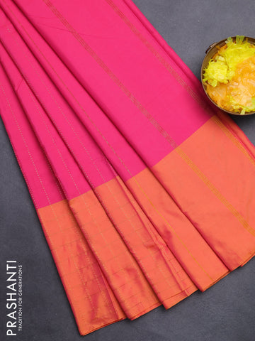 Arani semi silk saree pink and dual shade of pinkish orange with allover copper zari weaves and zari checked border