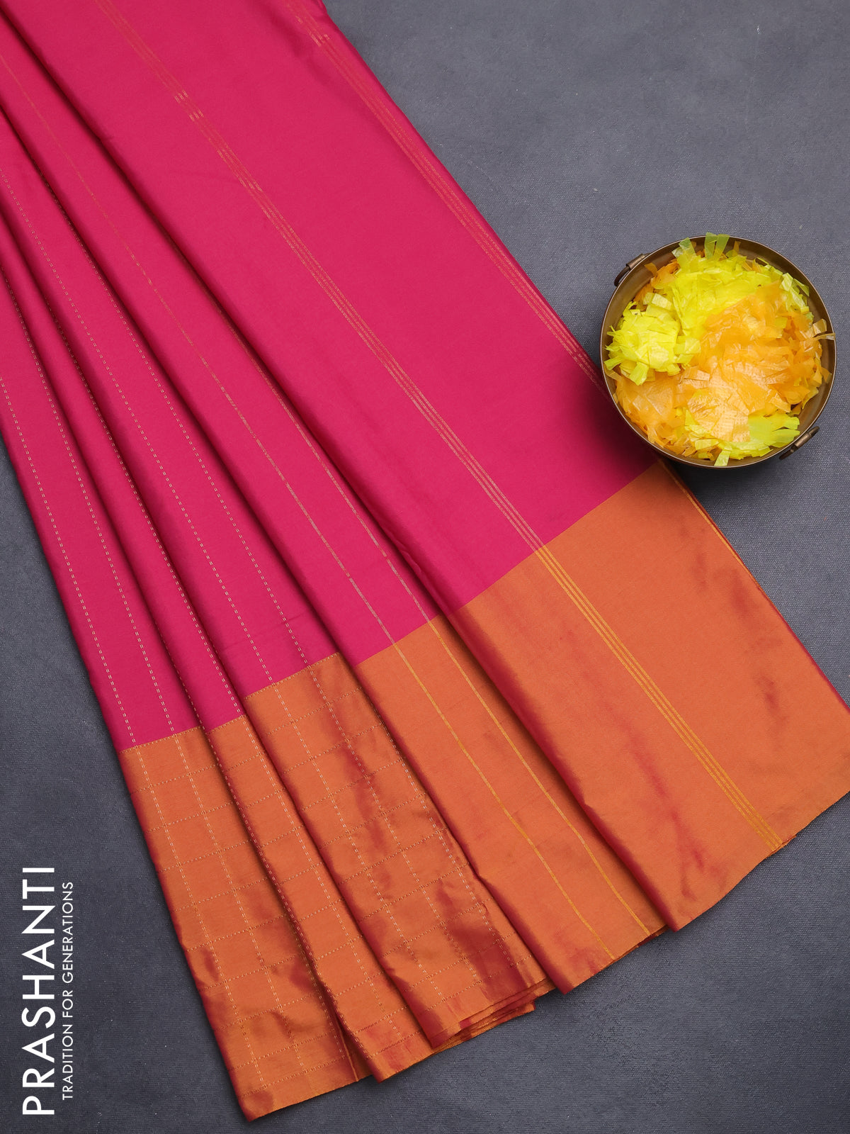 Arani semi silk saree pink and dark mustard with allover copper zari weaves and zari checked border