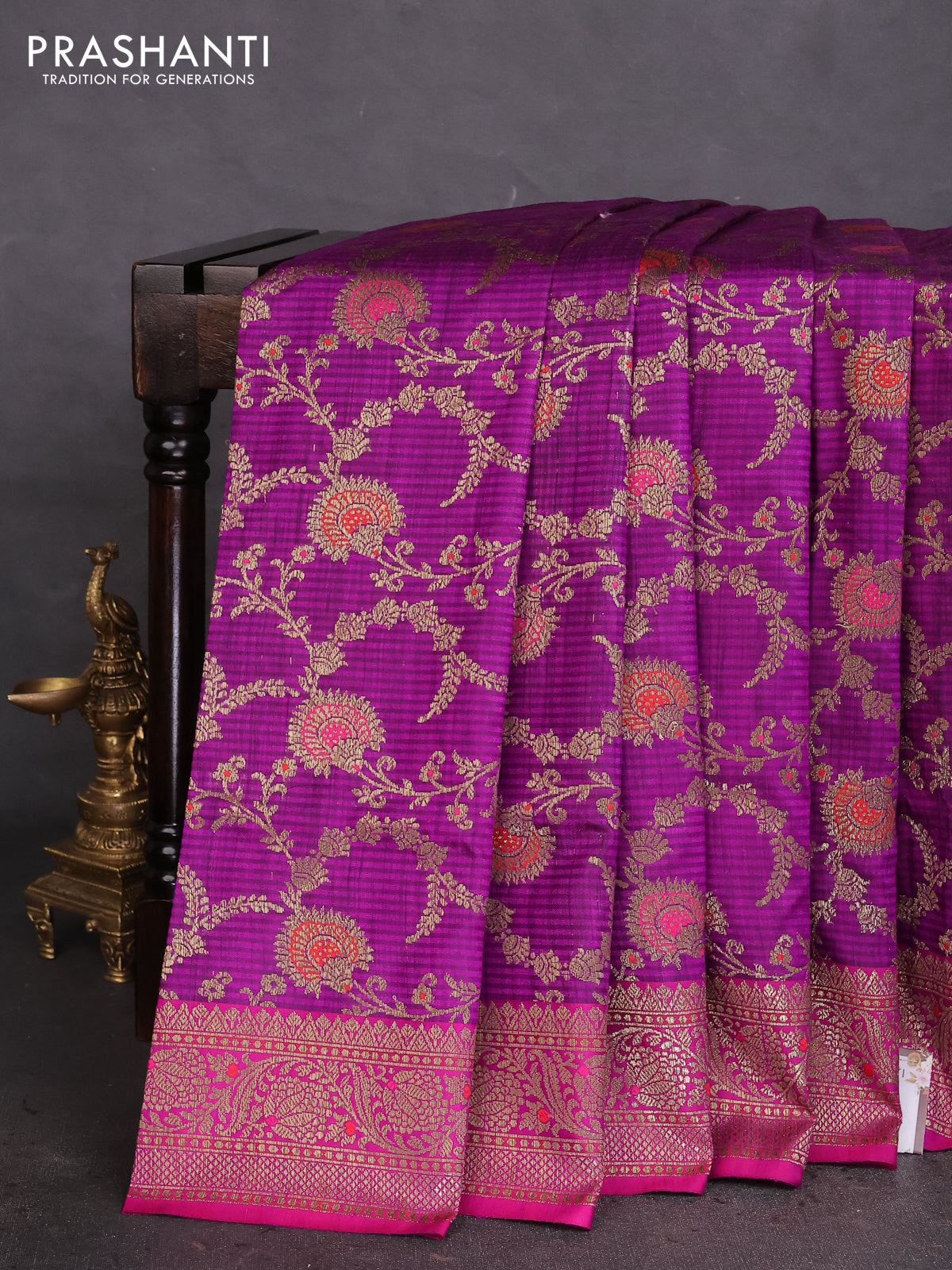 Banarasi handloom dupion silk saree purple and purple with allover thread & zari weaves floral weaves and woven border