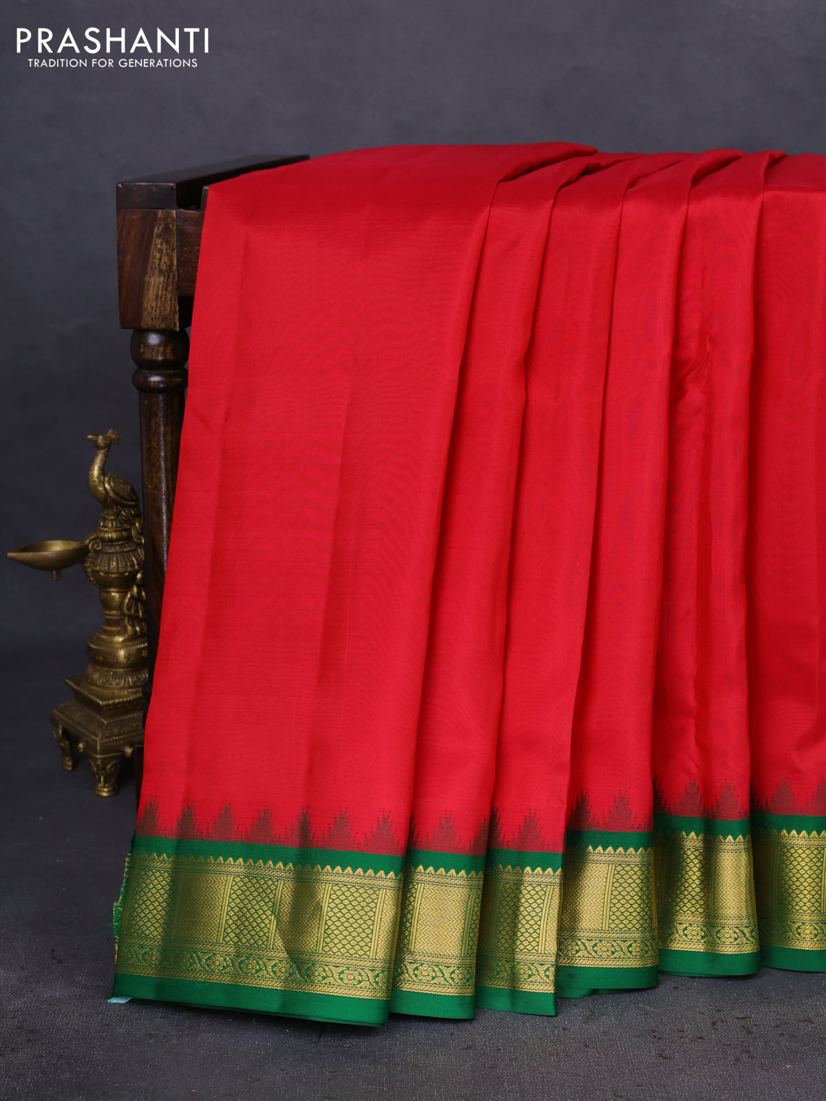 10 Yards silk saree reddish pink and green with plain body and temple design zari woven border