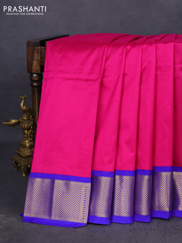 10 Yards silk saree pink and blue with plain body and zari woven border