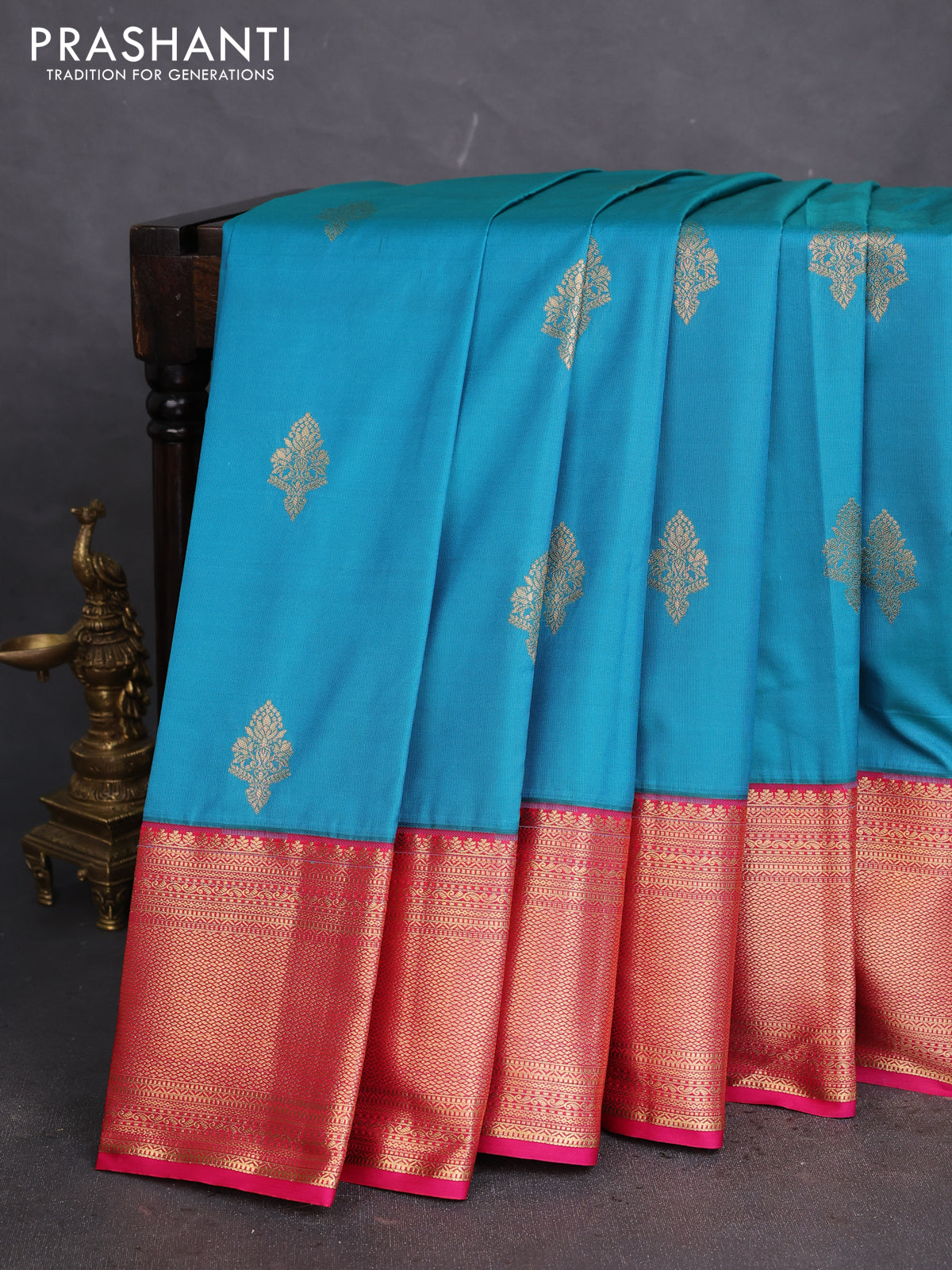 Bangalori silk saree cs blue and pink with zari woven buttas and zari woven border