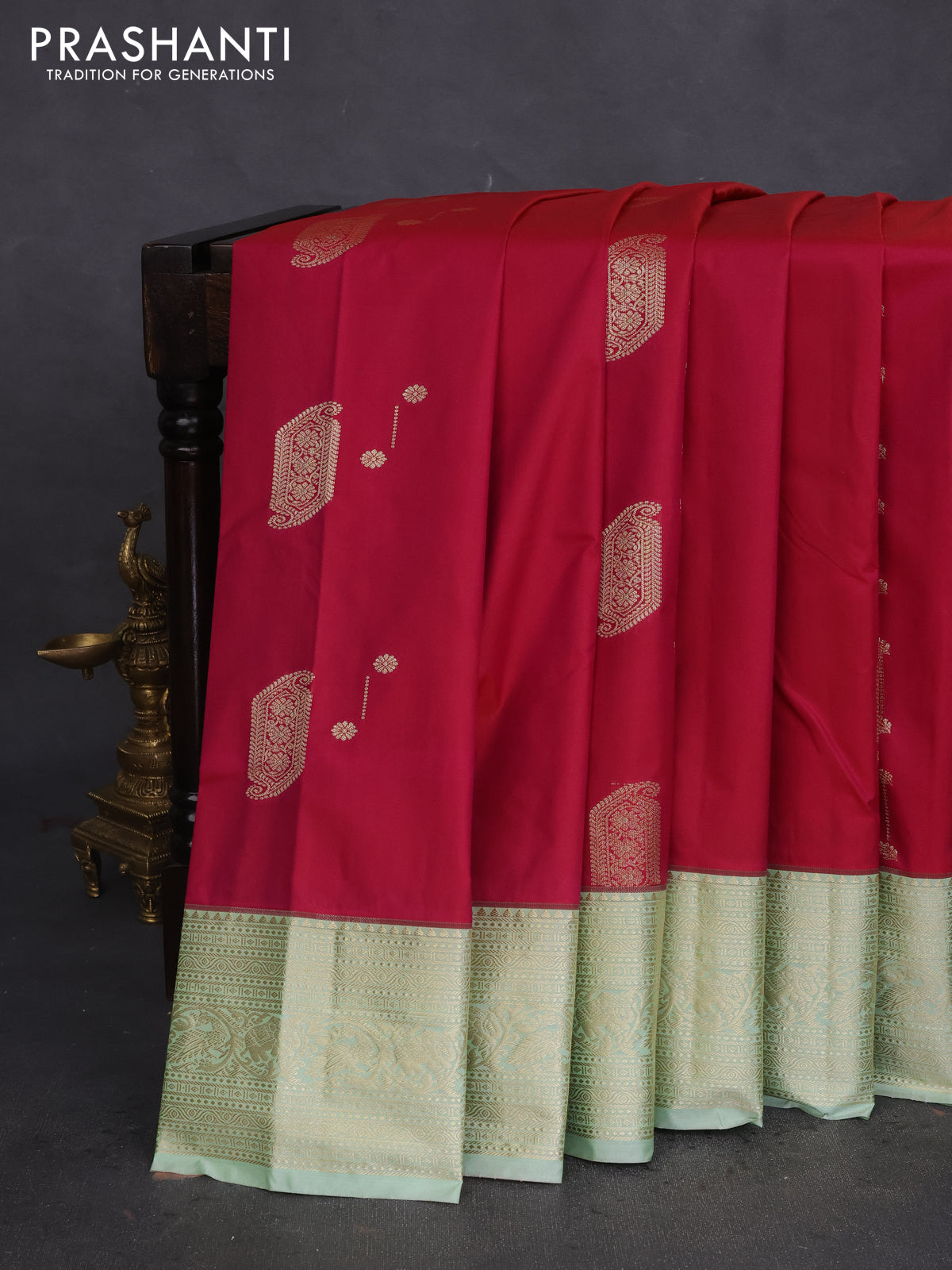 Bangalori silk saree dark pink and pastel green with zari woven buttas and zari woven border