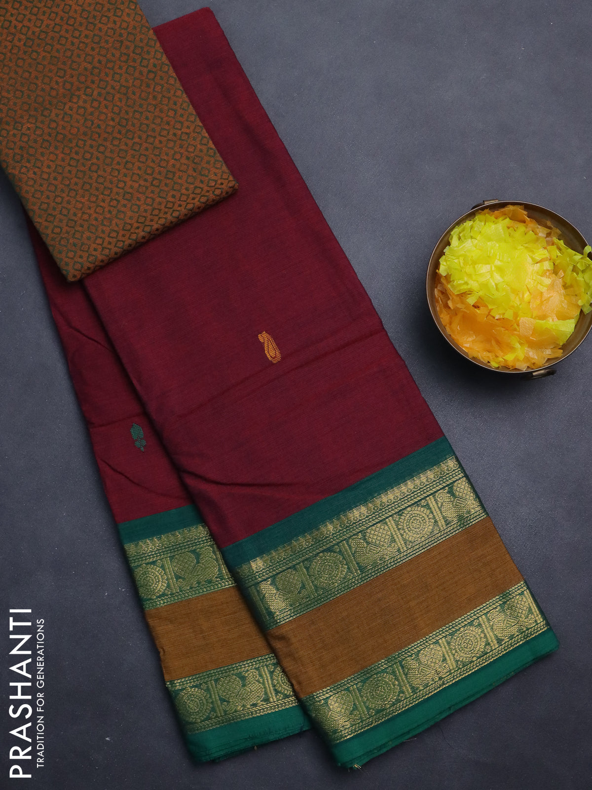 Chettinad cotton saree maroon and dark mustard with plain body and rettapet zari woven border