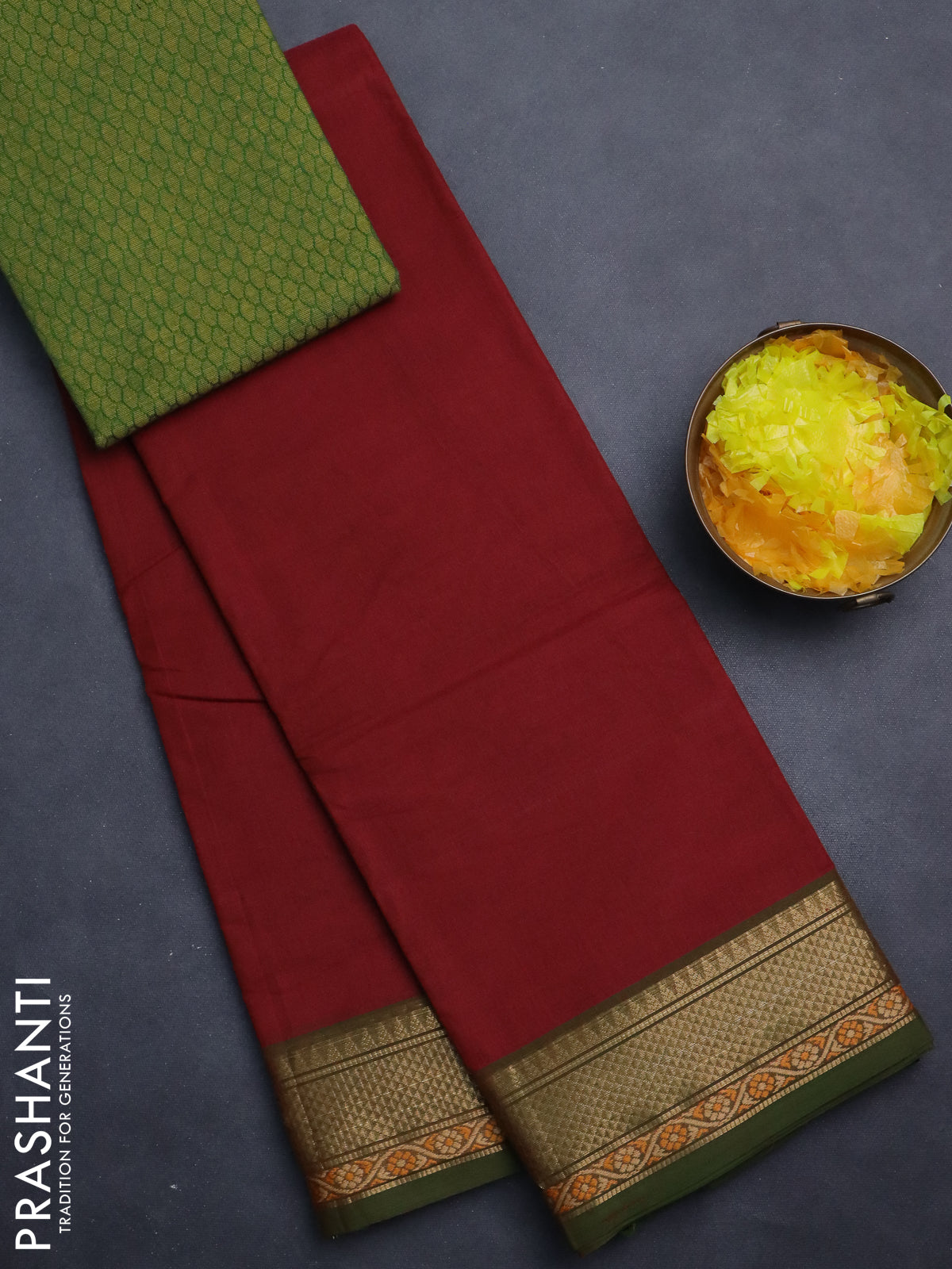 Chettinad cotton saree maroon and sap green with plain body and zari woven border