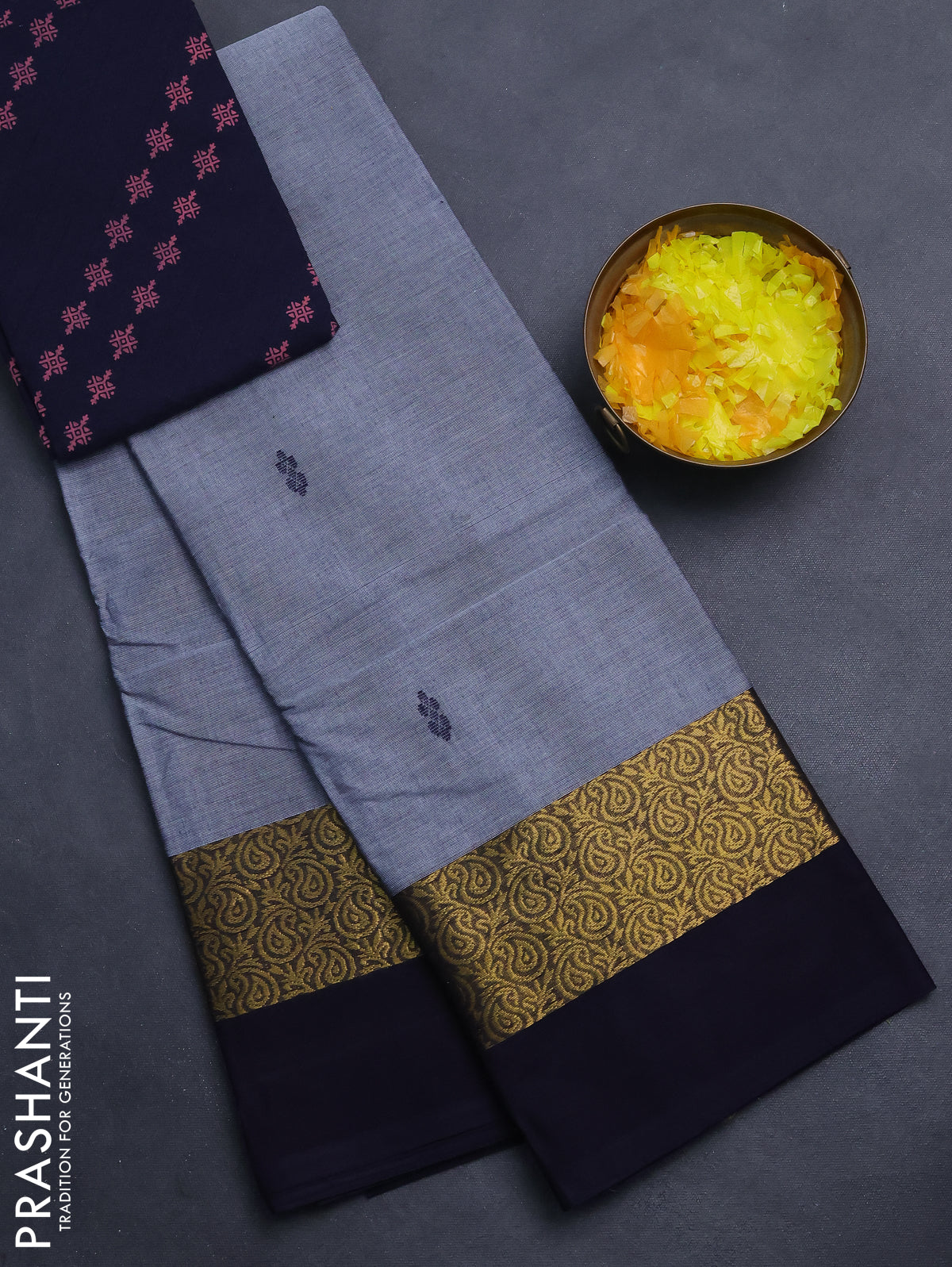 Chettinad cotton saree grey and navy blue with thread woven buttas and zari woven simple border