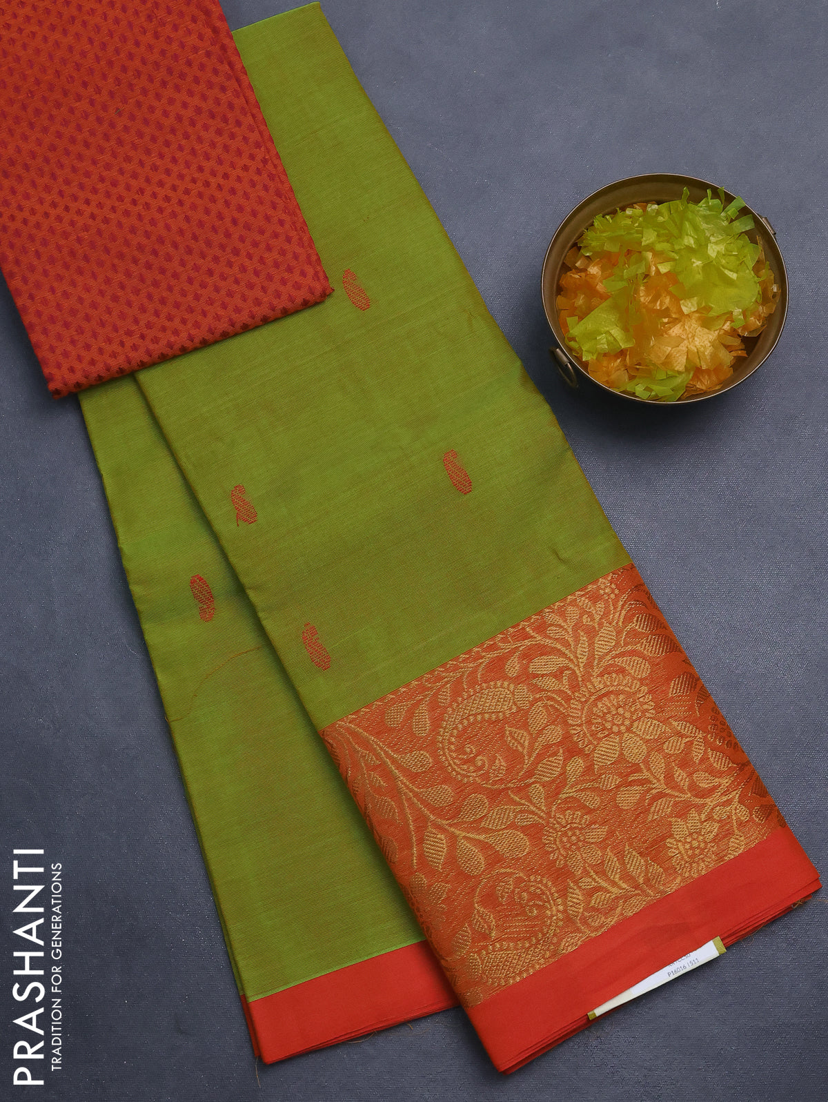 Chettinad cotton saree lime green and orange with thread woven buttas and long zari woven border