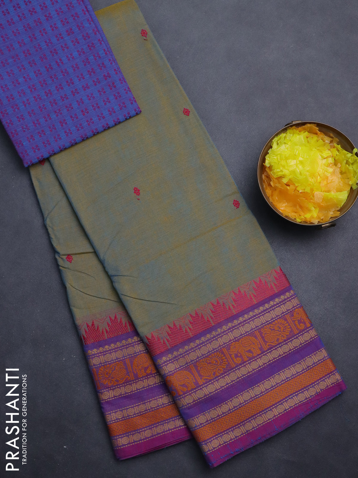 Chettinad cotton saree dual shade of bluish mustard and purple with thread woven buttas and thread woven border