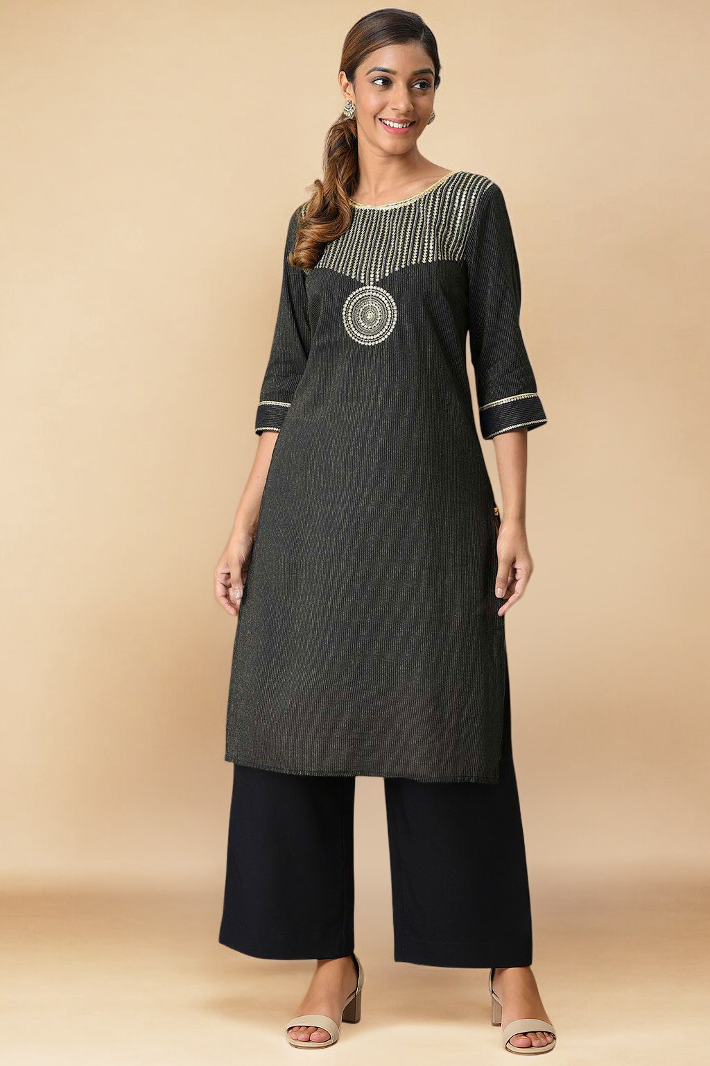 Black Zari Embroidered and Sequins Viscose Blend Straight Kurta and Palazzo Set
