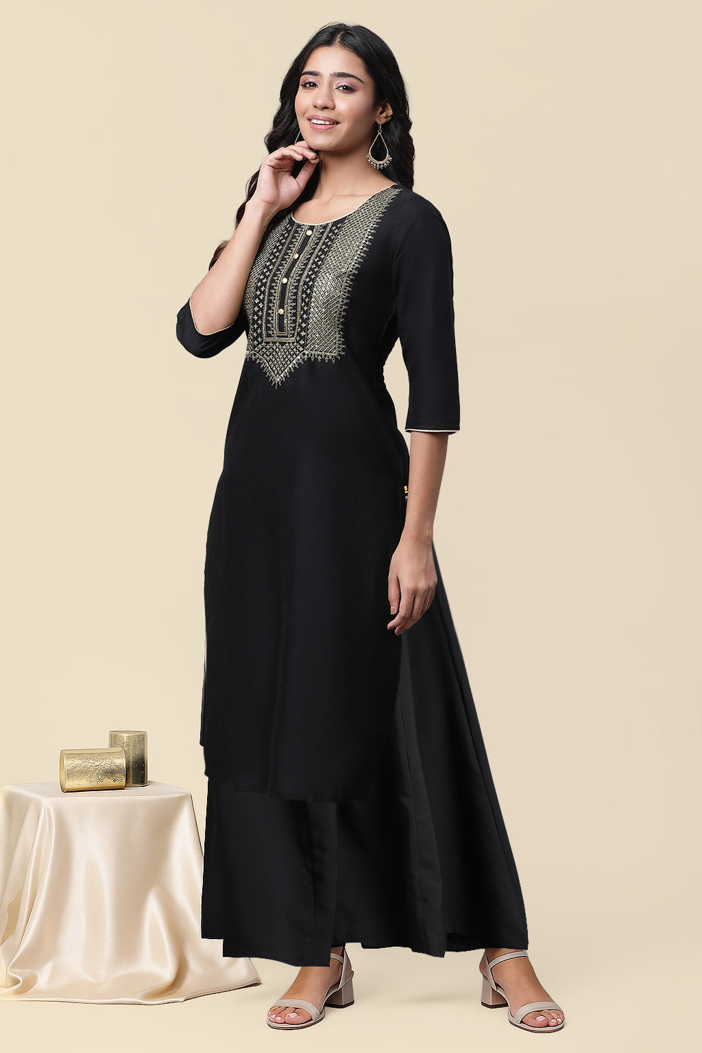 Black Zari Embroidery with Sequins Straight Kurta and Palazzo Set