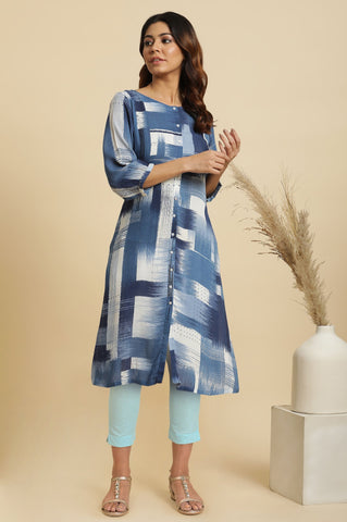 Blue Abstract Kantha Rayon Crepe Straight Kurta and Slim Pant Set