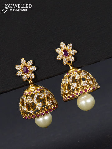 Antique jhumka floral design with pink kemp & cz stones and pearl hangings