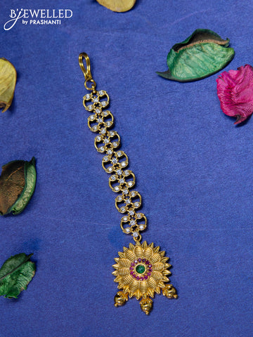 Antique maang tikka floral design with kemp & cz stones and golden beads