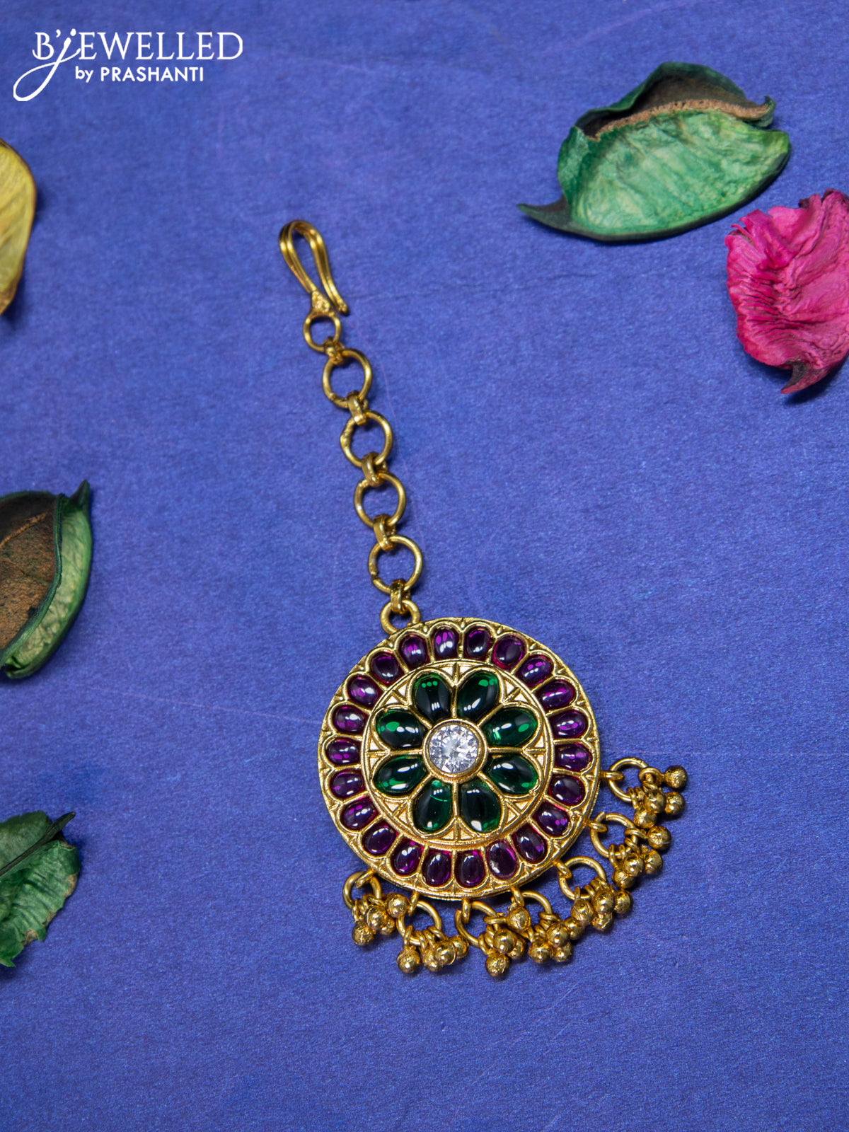 Antique maang tikka floral design with kemp & cz stones and golden beads hangings