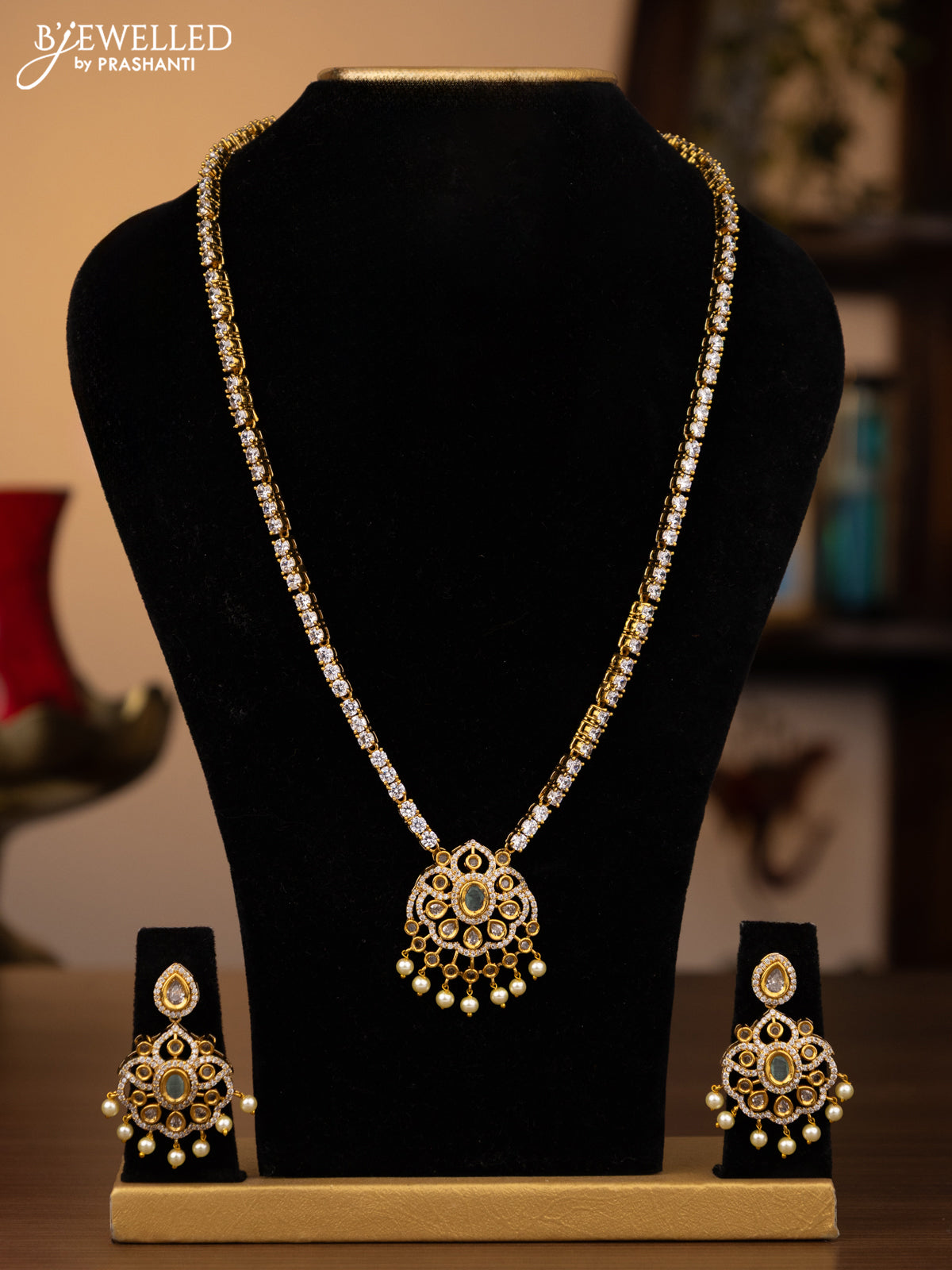 Antique haaram with mint green & cz stones and pearl hangings