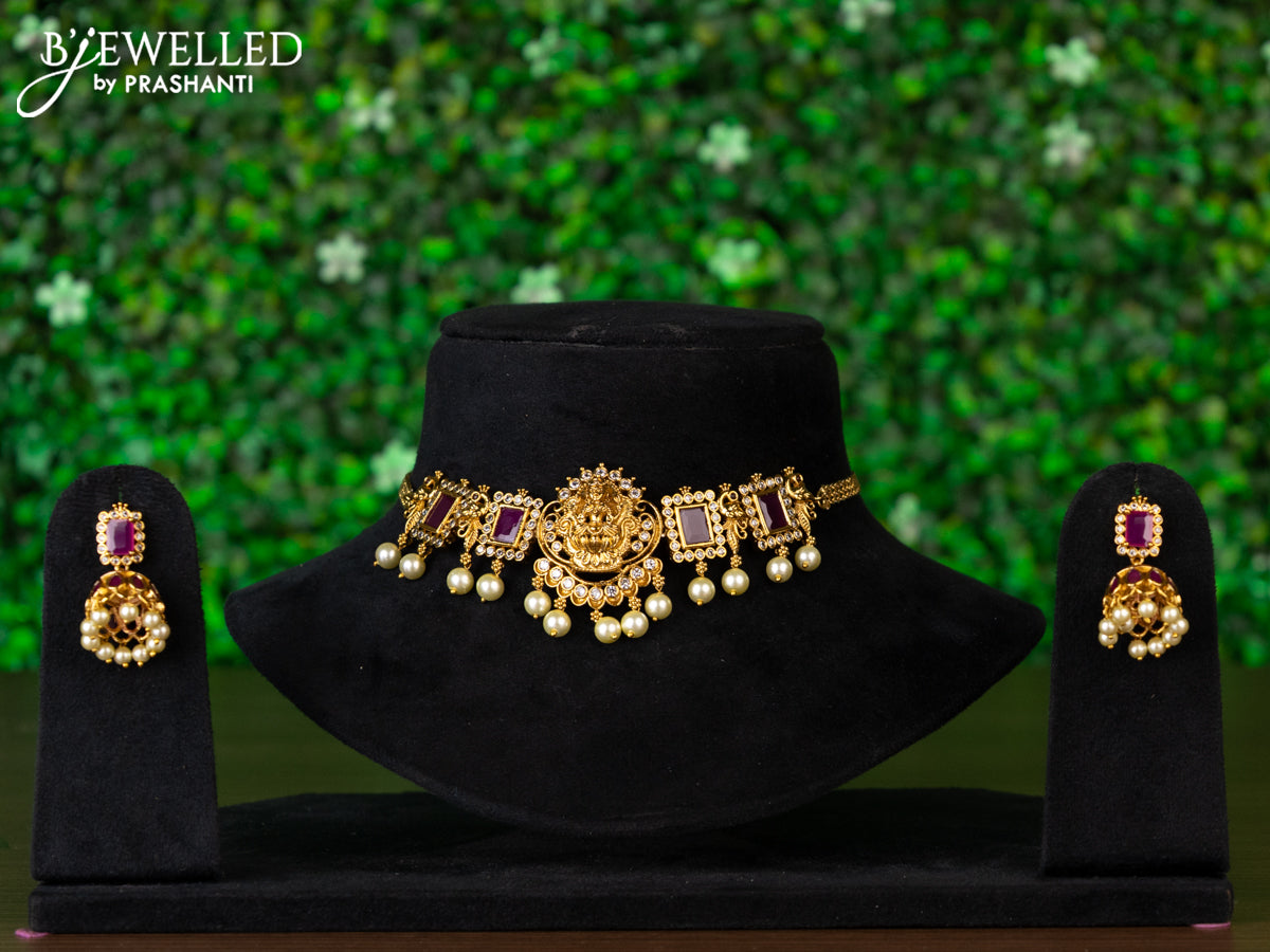 Antique choker lakshmi design with pink kemp & cz stones and pearl hangings