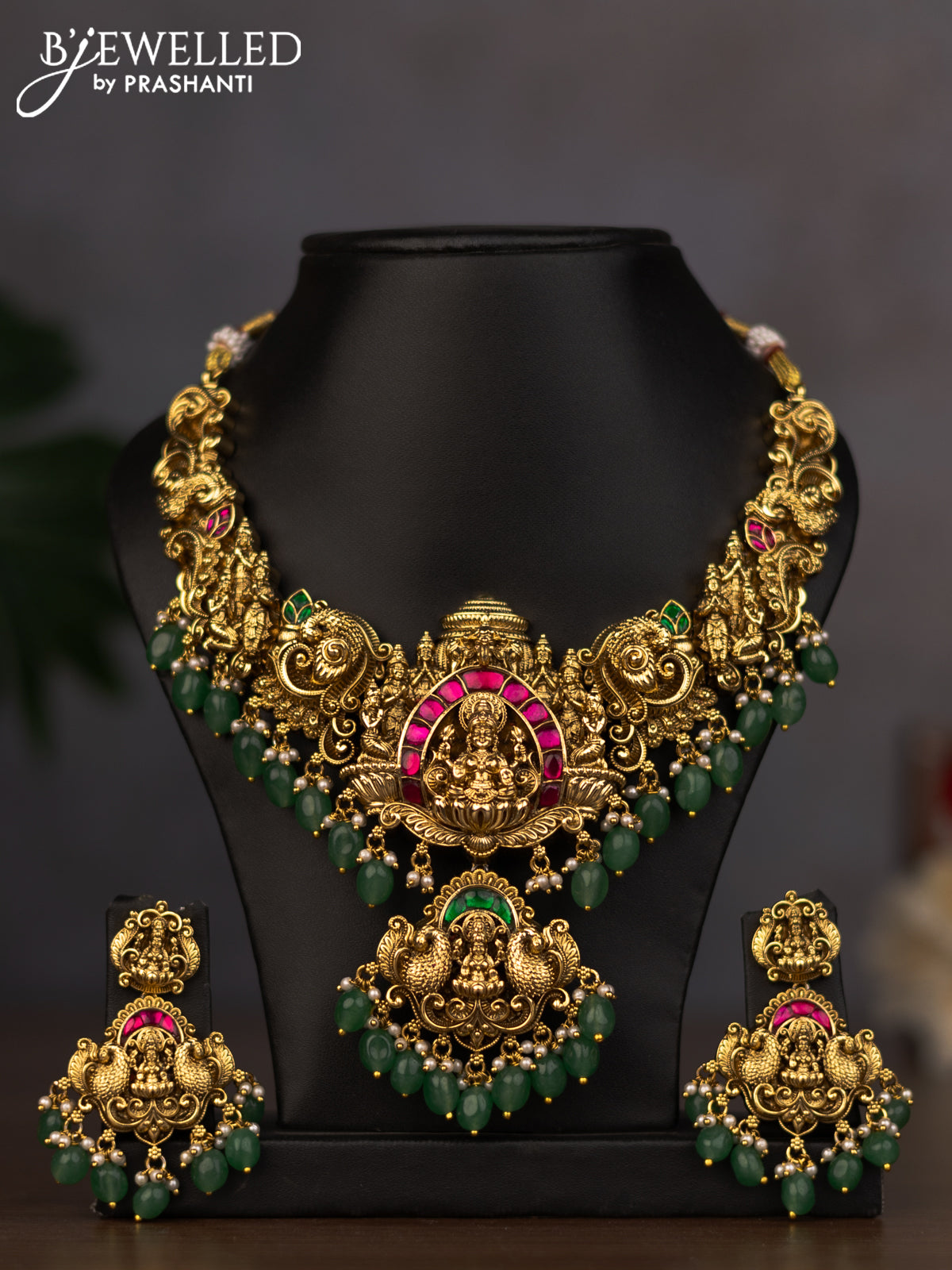 Antique necklace lakshmi design with jadau stones and green beads hanging