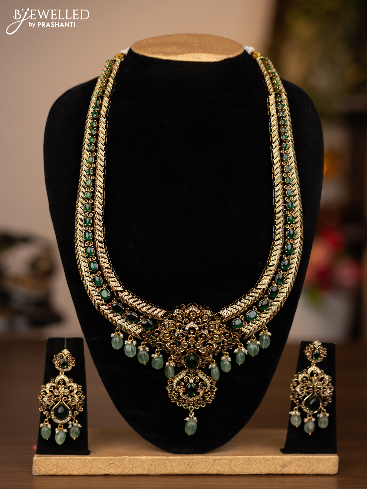 Antique haaram with jadau & cz stones and green beads hanging