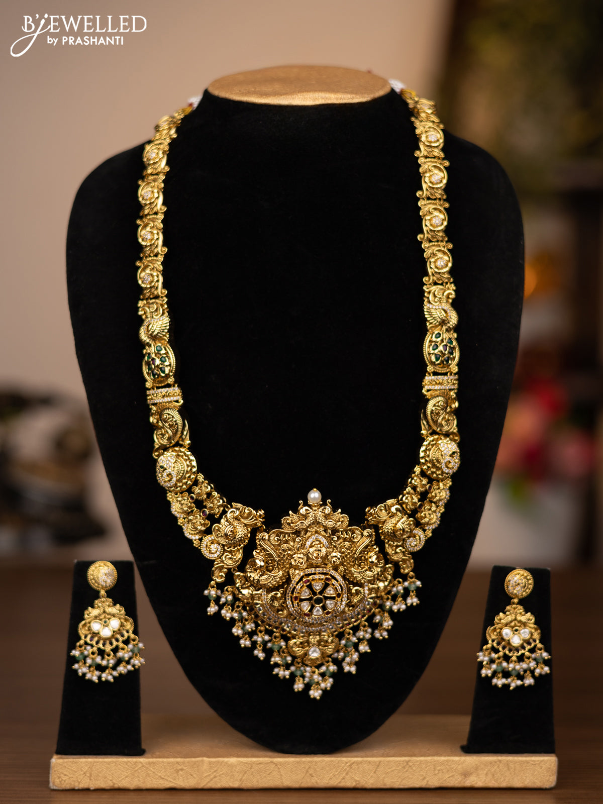 Antique haaram peacock design with jadau kundan stones and green beads hanging