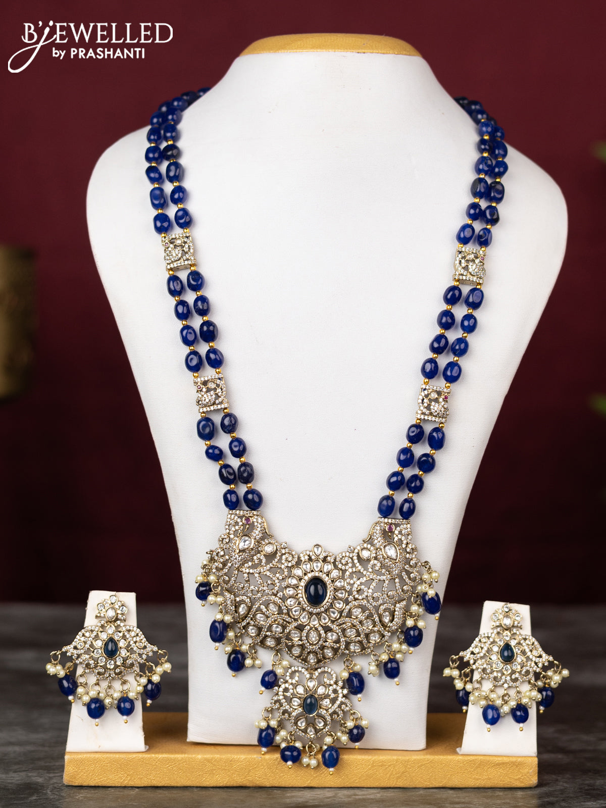 Beaded double layer blue haram peacock design with sapphire & kundan cz stones and pearl & beads hangings in victorian finish