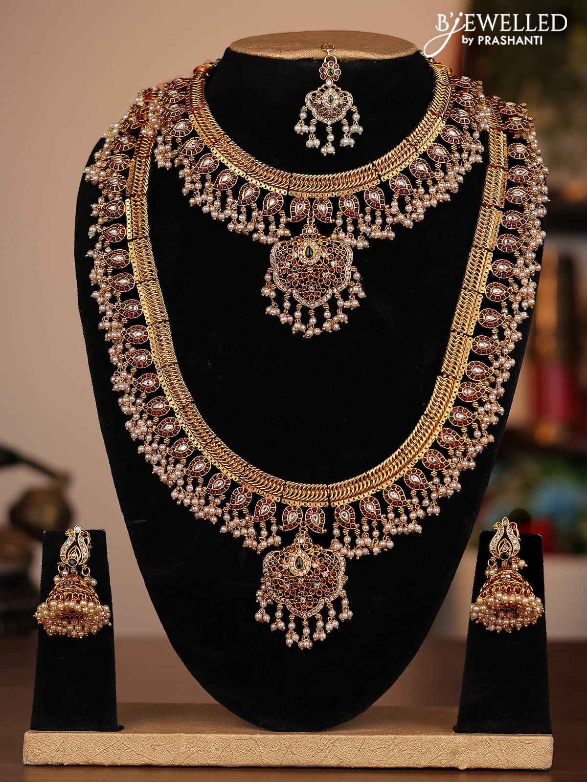 Antique guttapusalu combo set manga pattern with jadau kundan stones and pearl hangings