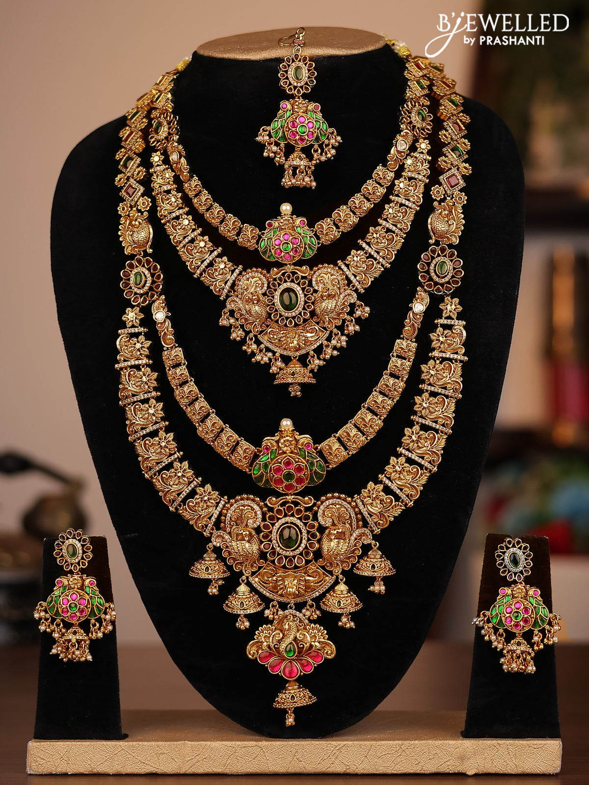 Antique combo set double layer peacock design with jadau cz stones and pearl & golden beads hanging