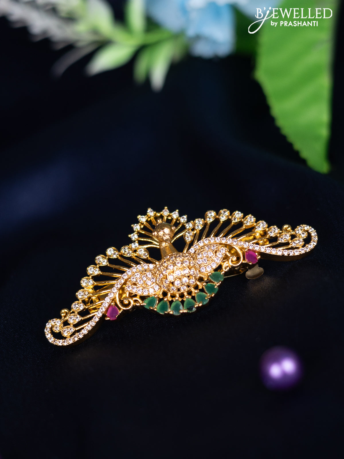 Antique hair clip medium size peacock design with kemp and cz stones