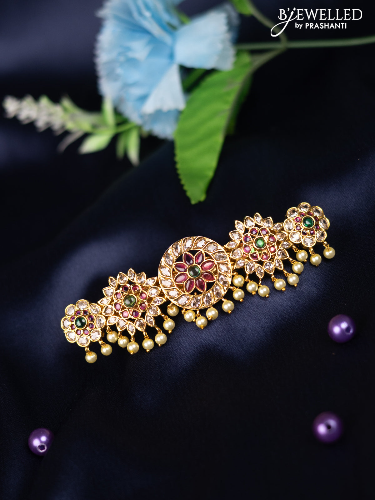 Antique hair clip medium size floral design with kemp & cz stones and pearl hangings