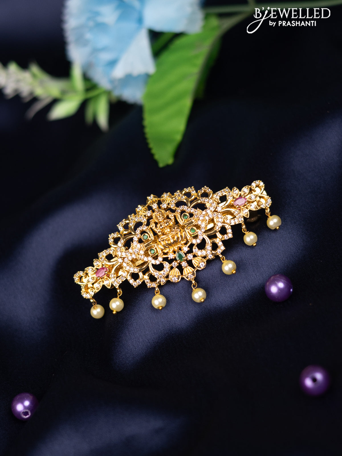 Antique hair clip medium size with kemp & cz stones and pearl hangings