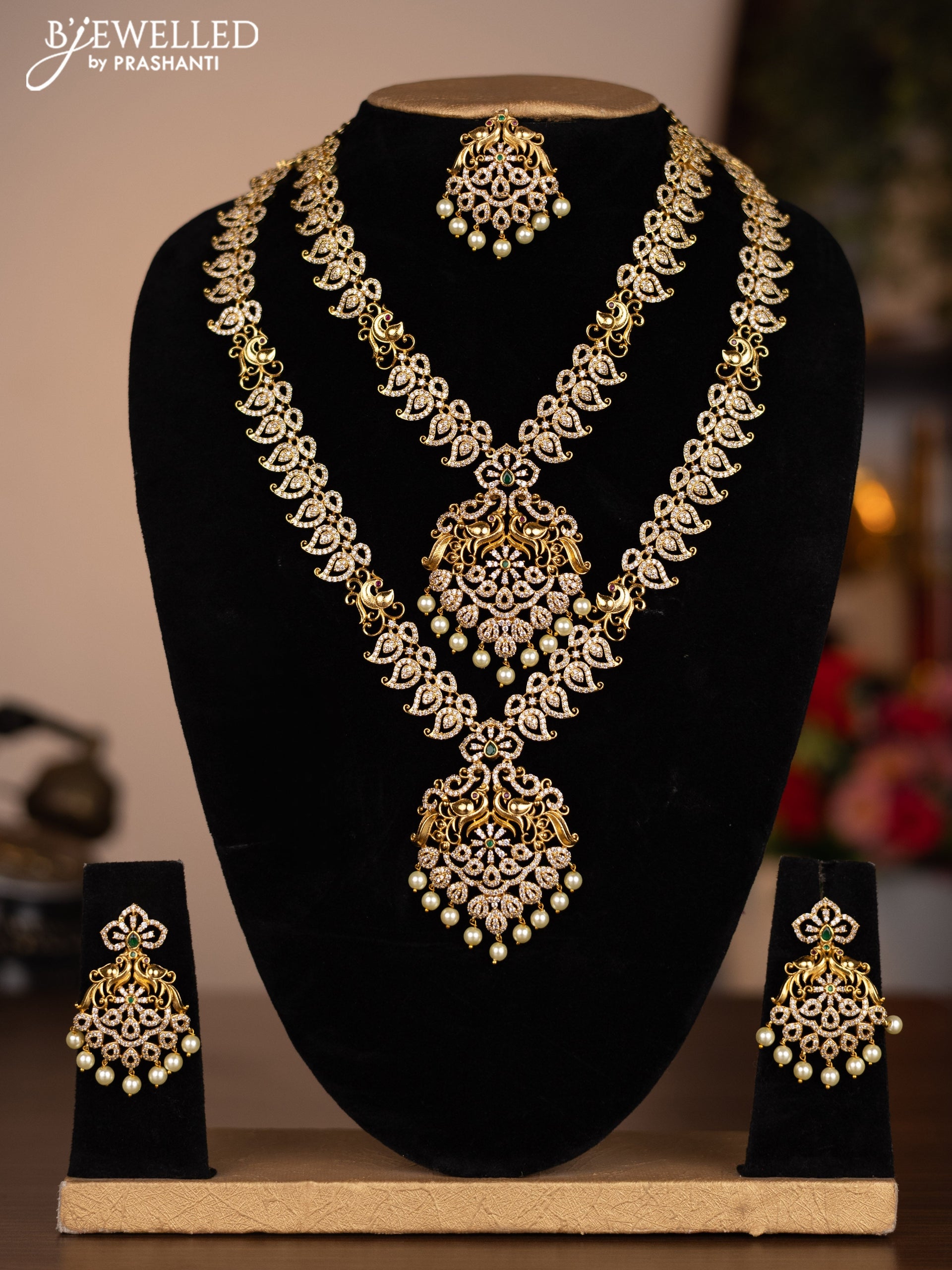 Antique combo set peacock & manga design with kemp & cz stones and pearl hangings