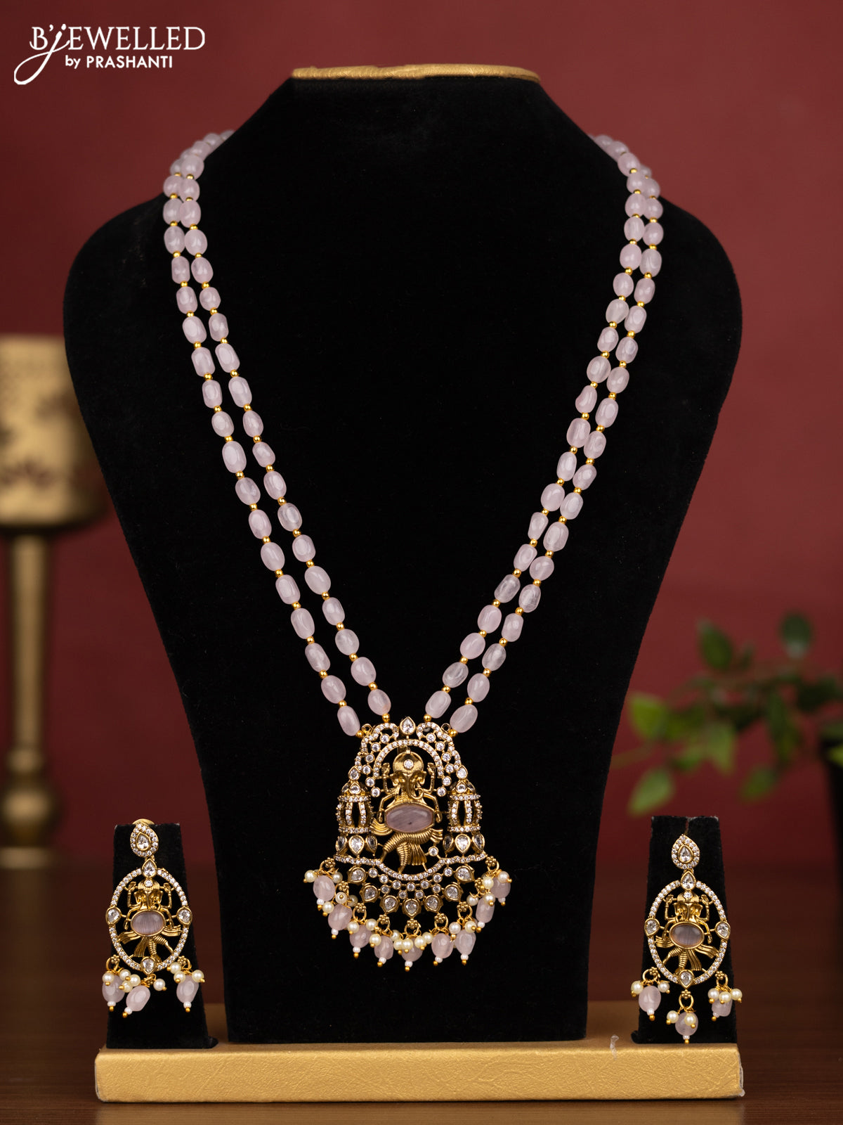 Beaded double layer baby pink necklace ganesha pendant with cz stones and pearl & beads hanging in victorian finish