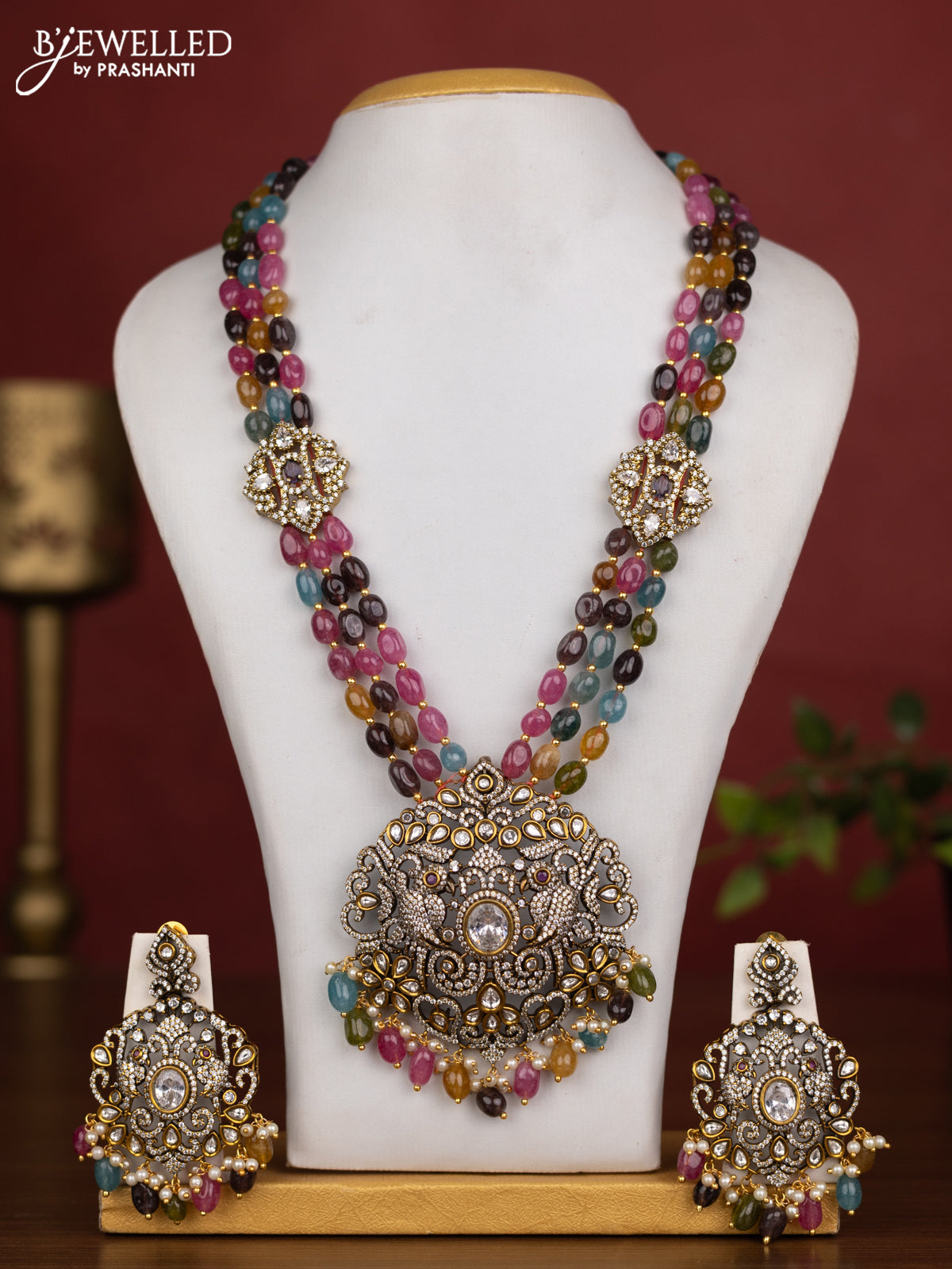 Beaded triple layer multicolour necklace parrot design with kundan & cz stones and pearl & beads hanging in victorian finish
