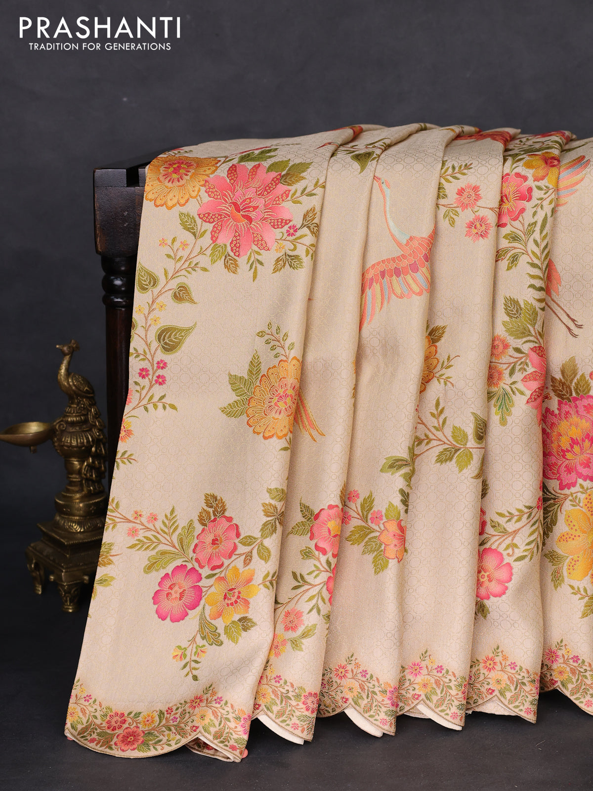 Banarasi silk saree cream with allover floral prints and scallop design border