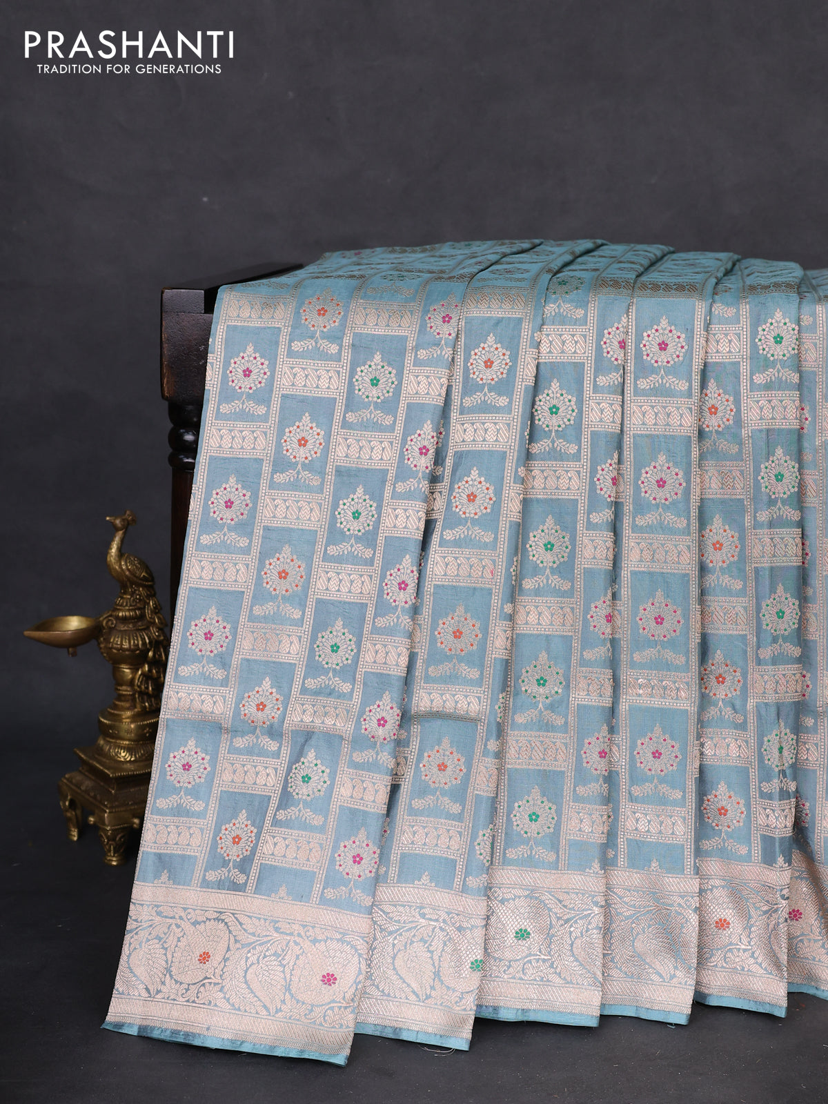Banarasi uppada silk saree pastel blue with allover zari woven brocade weaves and zari woven border