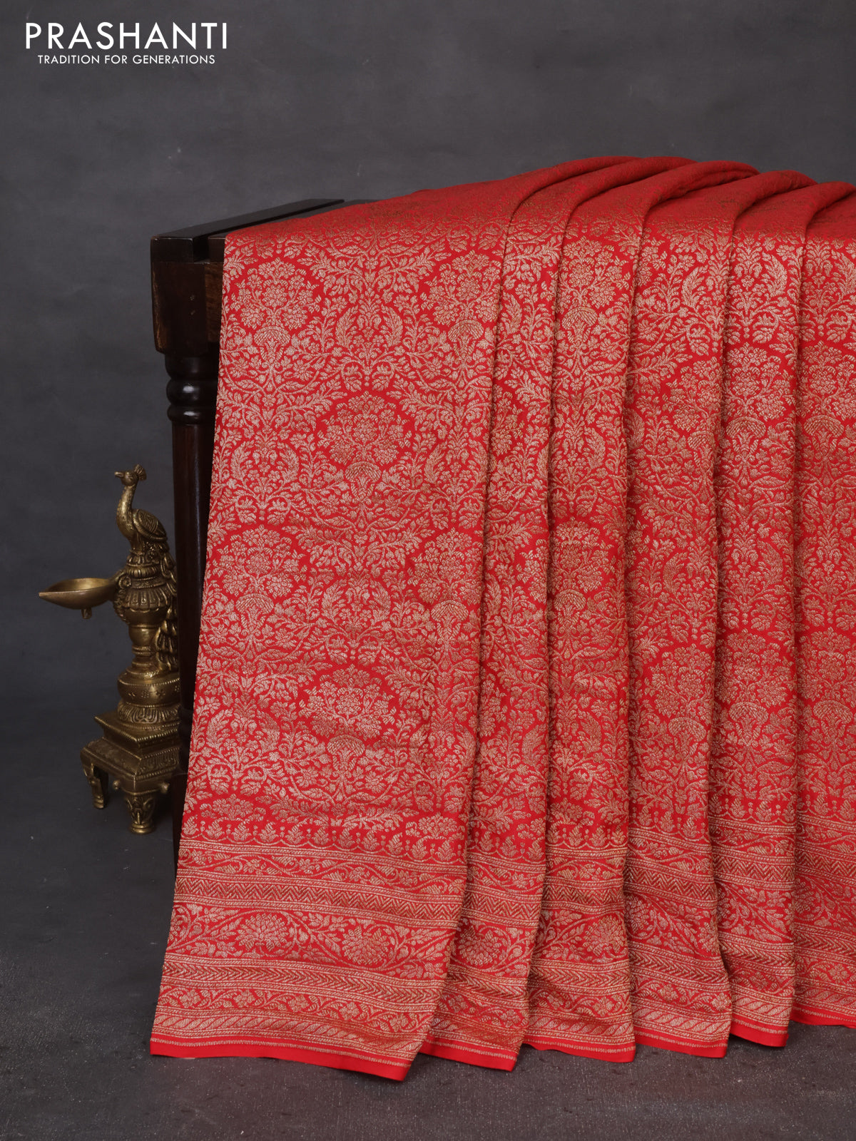 Banarasi crepe saree reddish pink with allover thread & zari woven brocade weaves and woven border