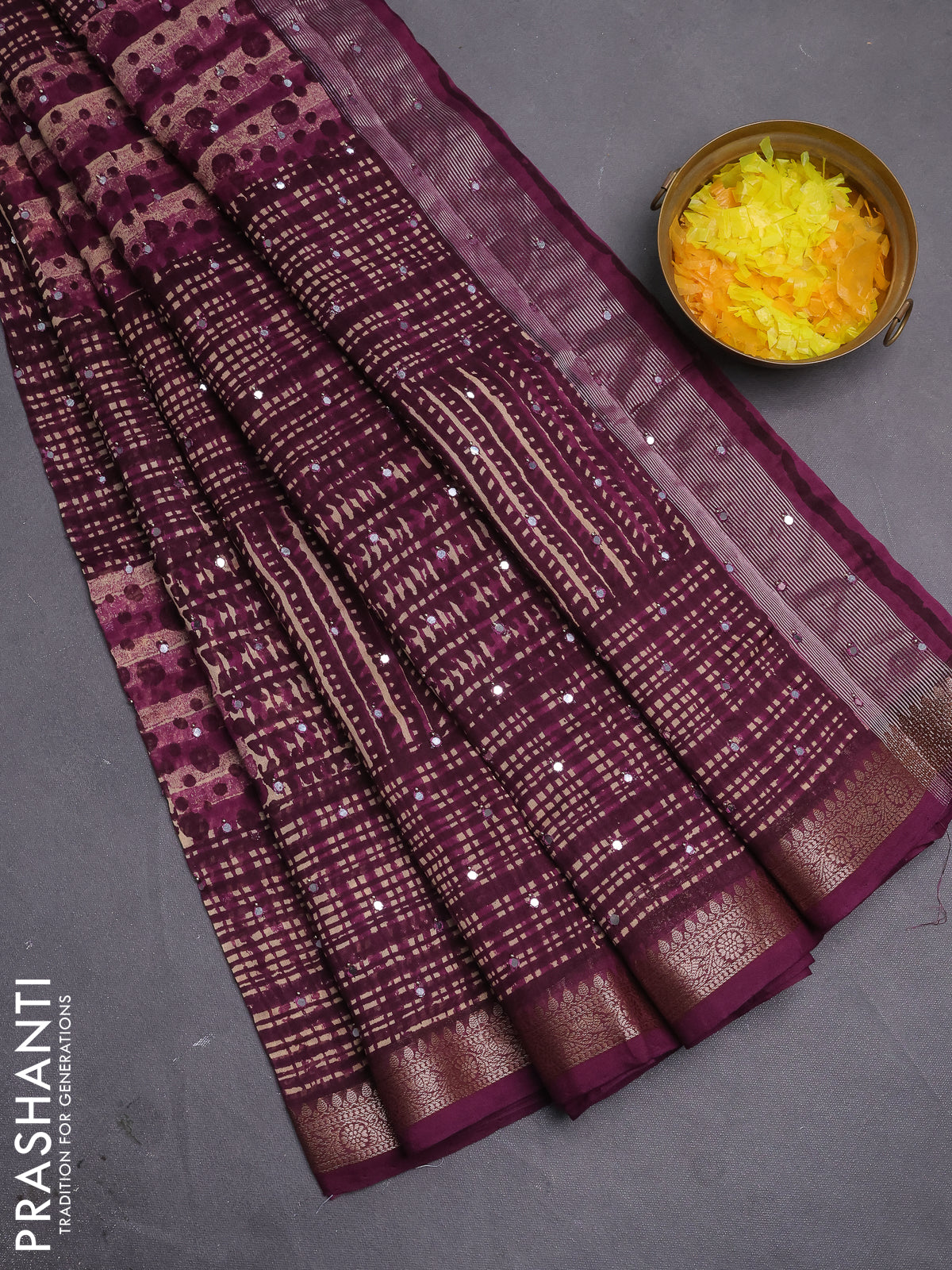 Chanderi silk cotton saree purple with allover geometric prints & mirror work and woven border