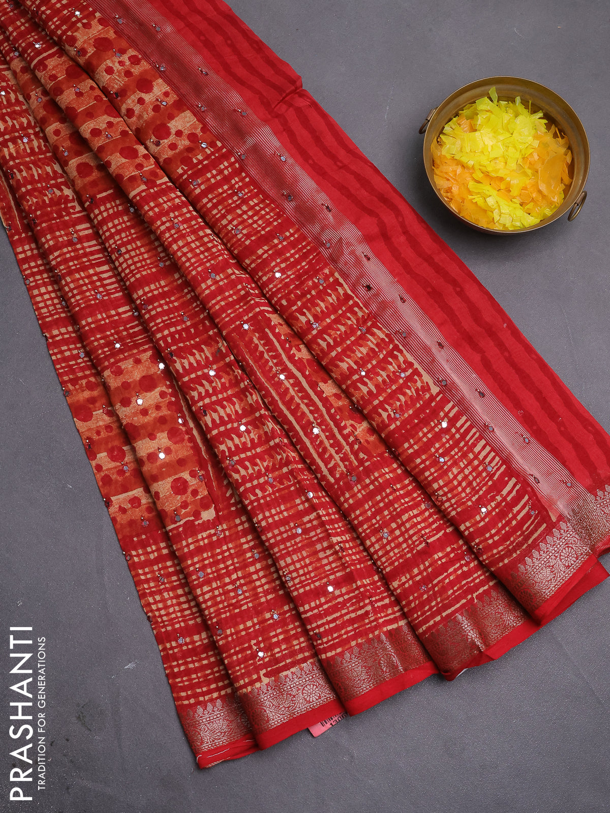 Chanderi silk cotton saree rustic orange and red with allover geometric prints & mirror work and woven border