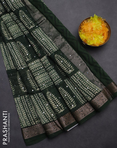 Chanderi silk cotton saree green with allover prints & mirror work and woven border